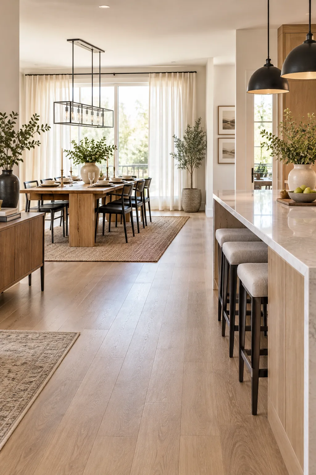 Linear glass and black metal chandelier hanging above the center of a long wooden dining table.