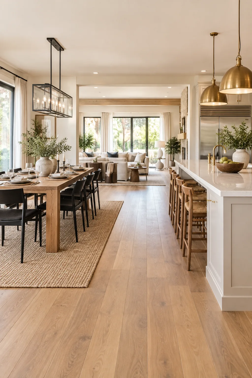 Clear wooden floor walkway running between a dining table and a kitchen island.