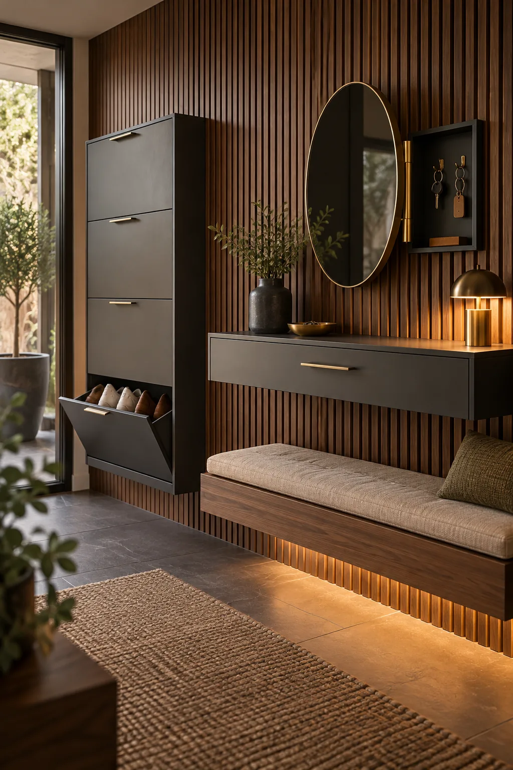 A moody entryway with dark walnut slats, a slate-grey console, and a smoked glass mirror.