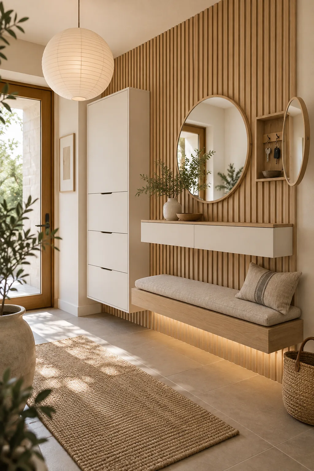 A Japandi style entryway with light ash wood, cream cabinets, and a paper lantern.