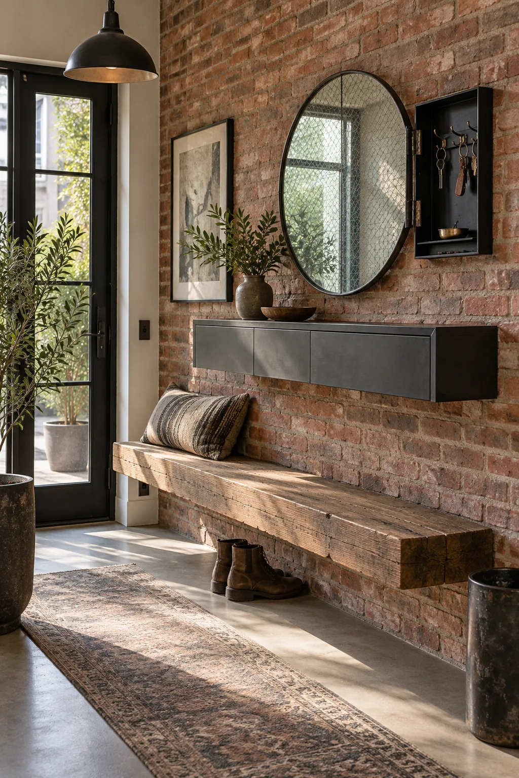 An industrial entryway with a blackened steel console, reclaimed wood bench, and exposed brick.