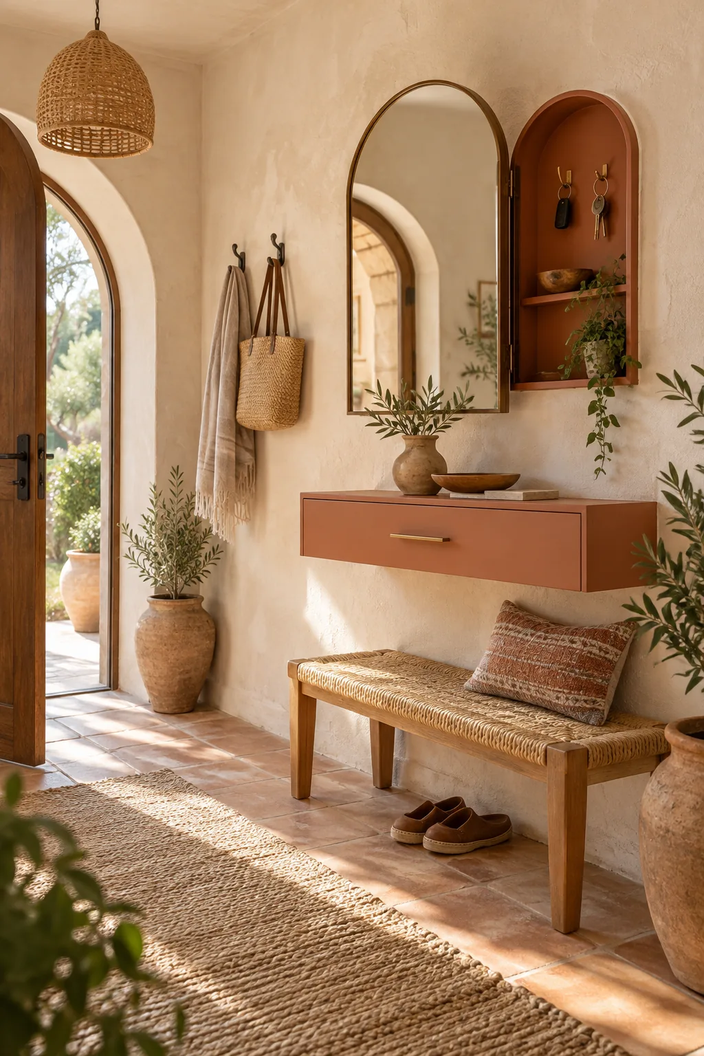 A Mediterranean entryway with textured plaster, an arched mirror, and a terracotta console.