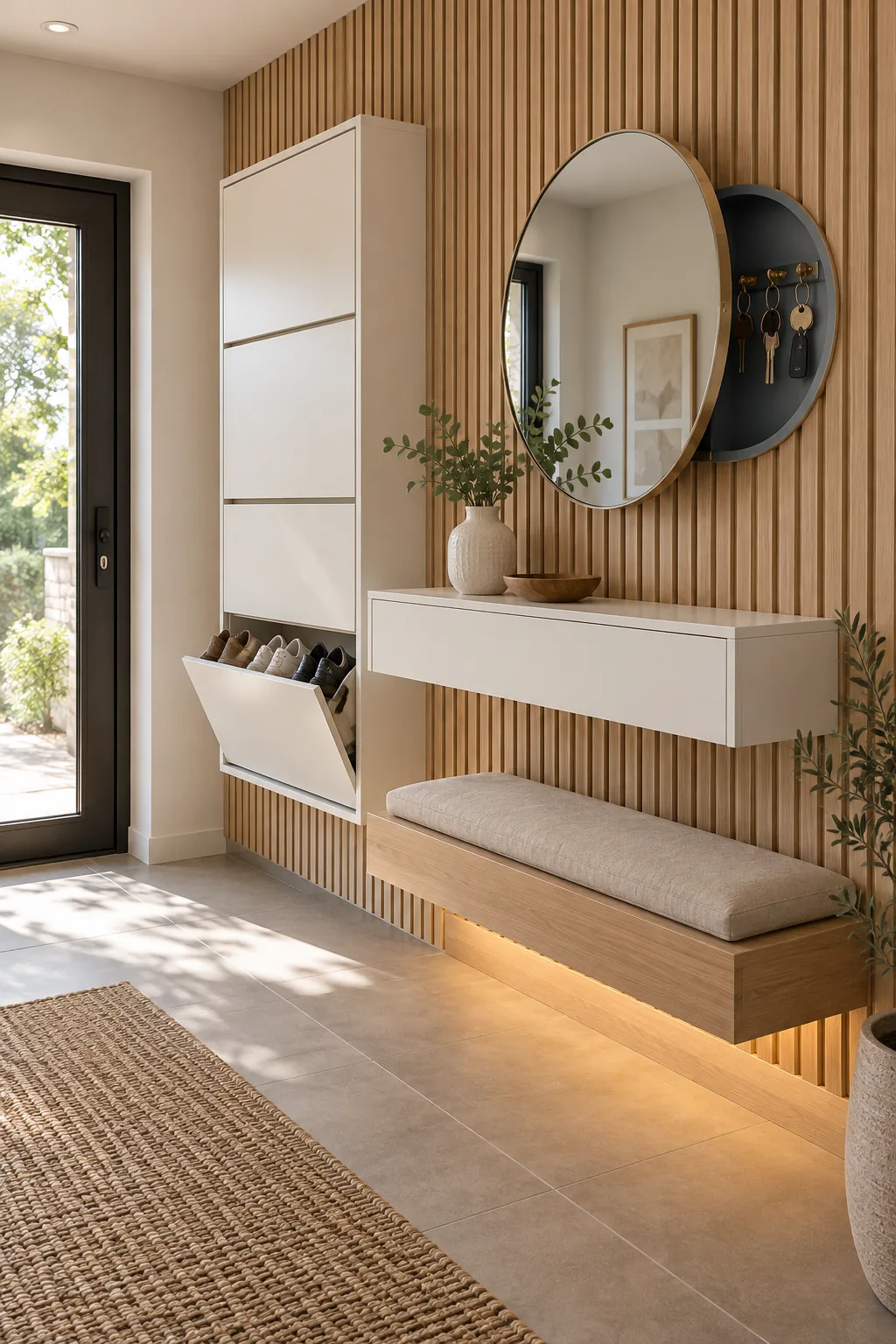 Elevated view of a modern entryway showing pale oak slatted wall panels meeting a smooth white floating console cabinet.