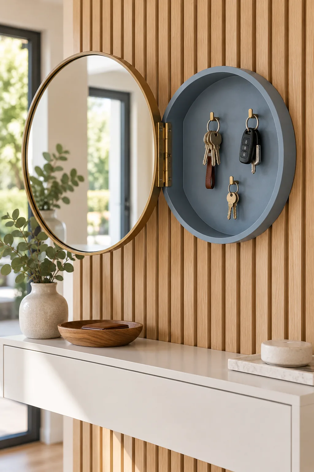 A round entryway mirror swung open on a hinge to reveal a hidden key box with brass hooks.