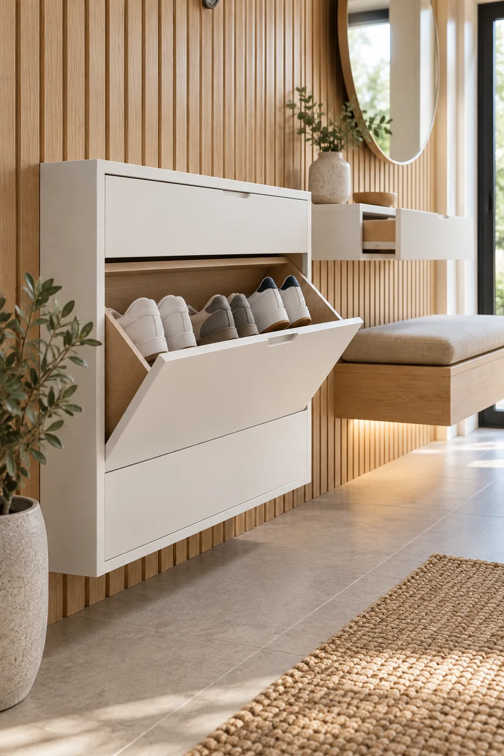 Looking down into an open white console drawer containing a power strip with a phone and earbuds charging.