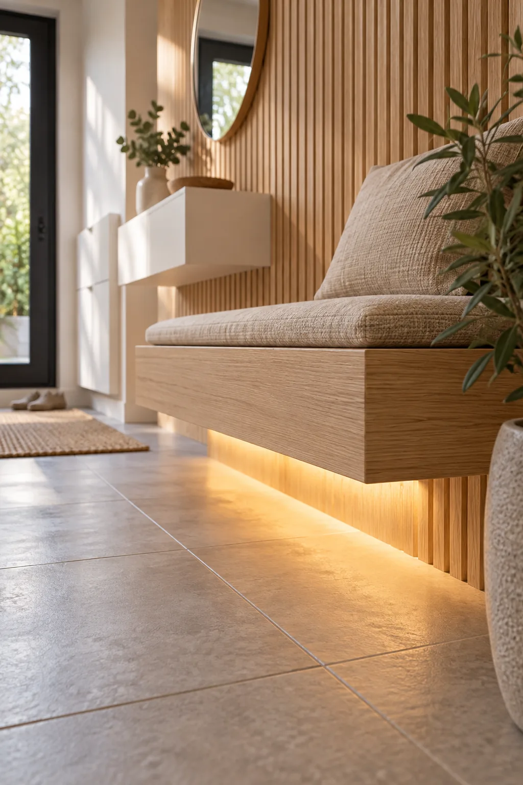 Close up of a floating oak bench mounted to a slatted wall, showing the clean shadow line with no visible legs.