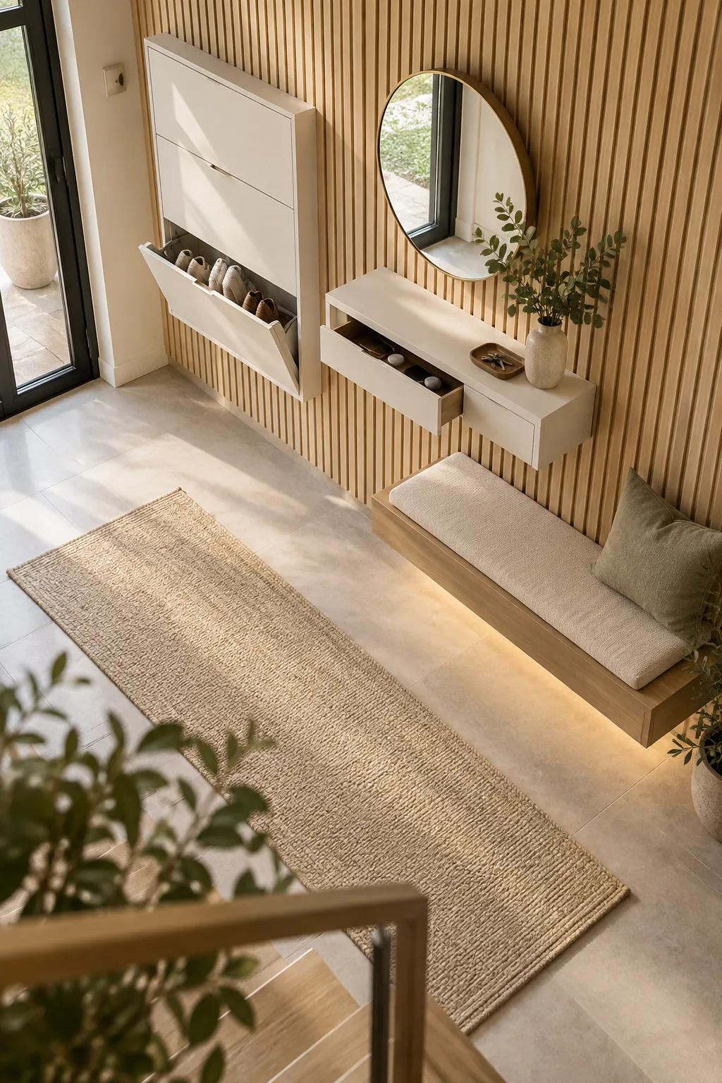 A warm LED light strip glowing from underneath a floating oak entryway bench onto the floor tiles.
