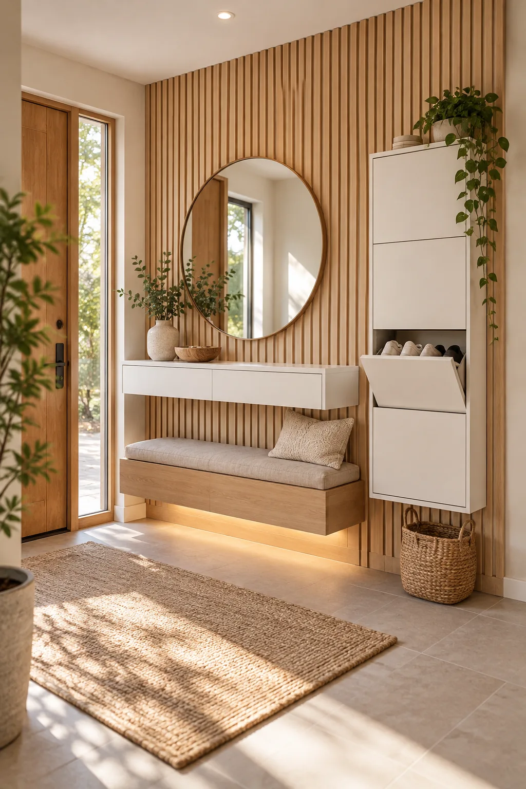 A complete view of a perfectly proportioned modern entryway with a mirror, console, shoe cabinet, and floating bench.