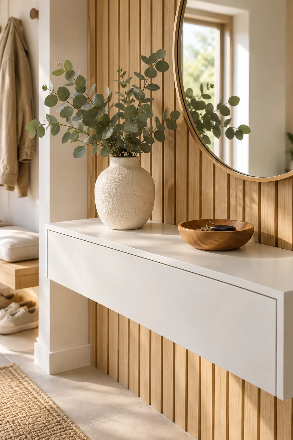 A minimalist white console surface styled with a ceramic vase, eucalyptus, and a small wooden bowl.