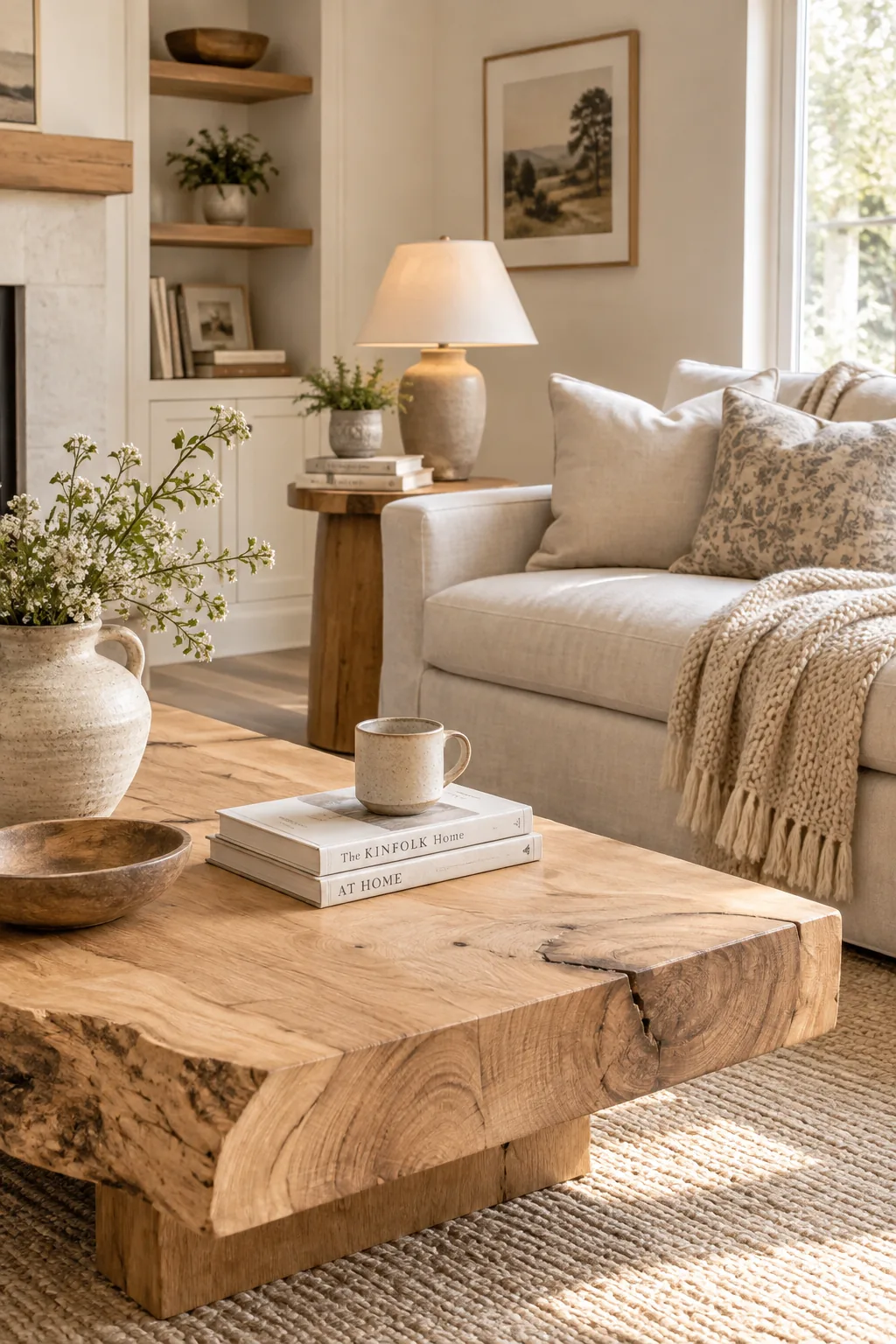 Living room featuring a light oak wood slab coffee table and neutral furniture