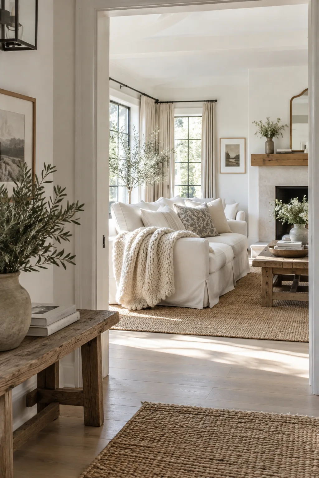 Crisp white slipcovered sofa styled with chunky knit throws