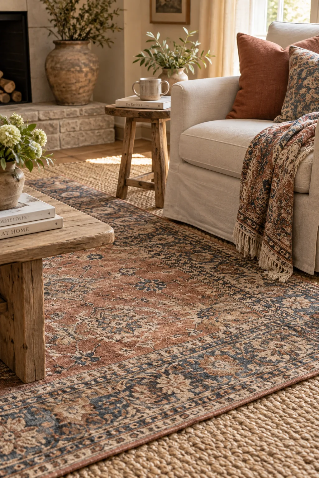 Faded vintage Turkish rug layered over a large natural jute rug