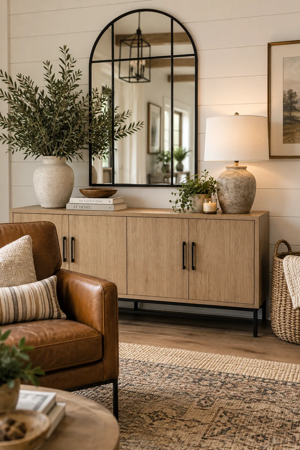 Living room with white walls, black metal hardware on a media console, and warm leather chairs