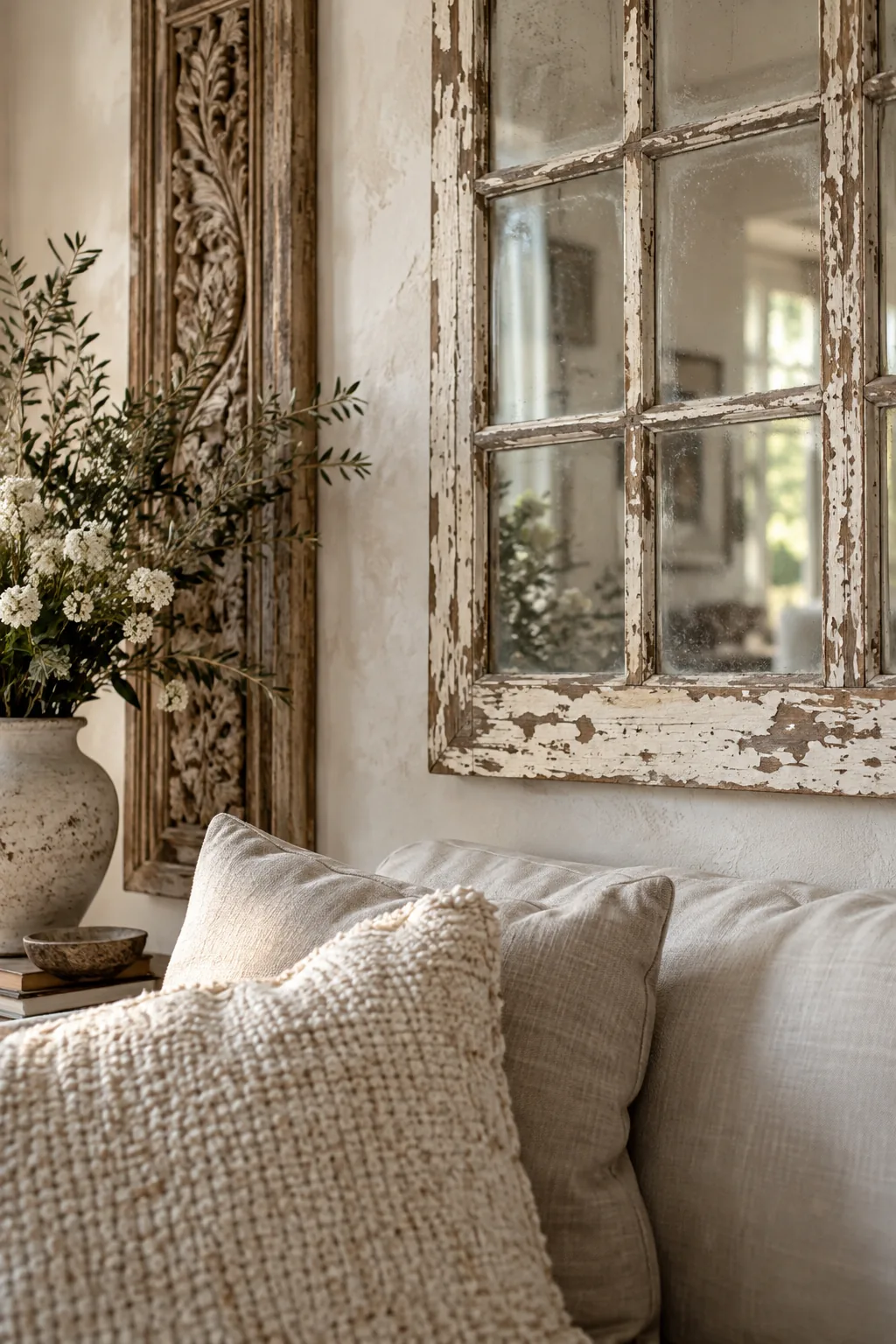 Large antique wooden window frame hanging above a neutral sofa