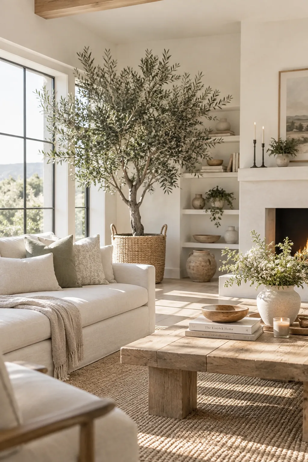 Tall indoor olive tree planted in a large woven basket in a living room corner