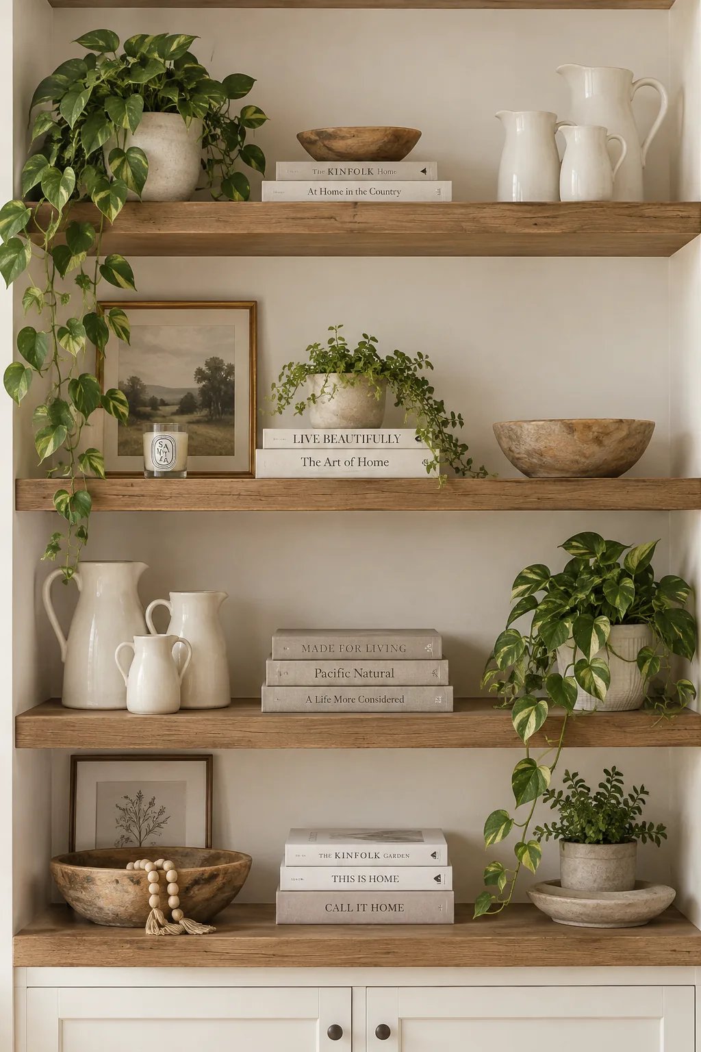 Built-in living room shelves styled with white pitchers, books, and plants