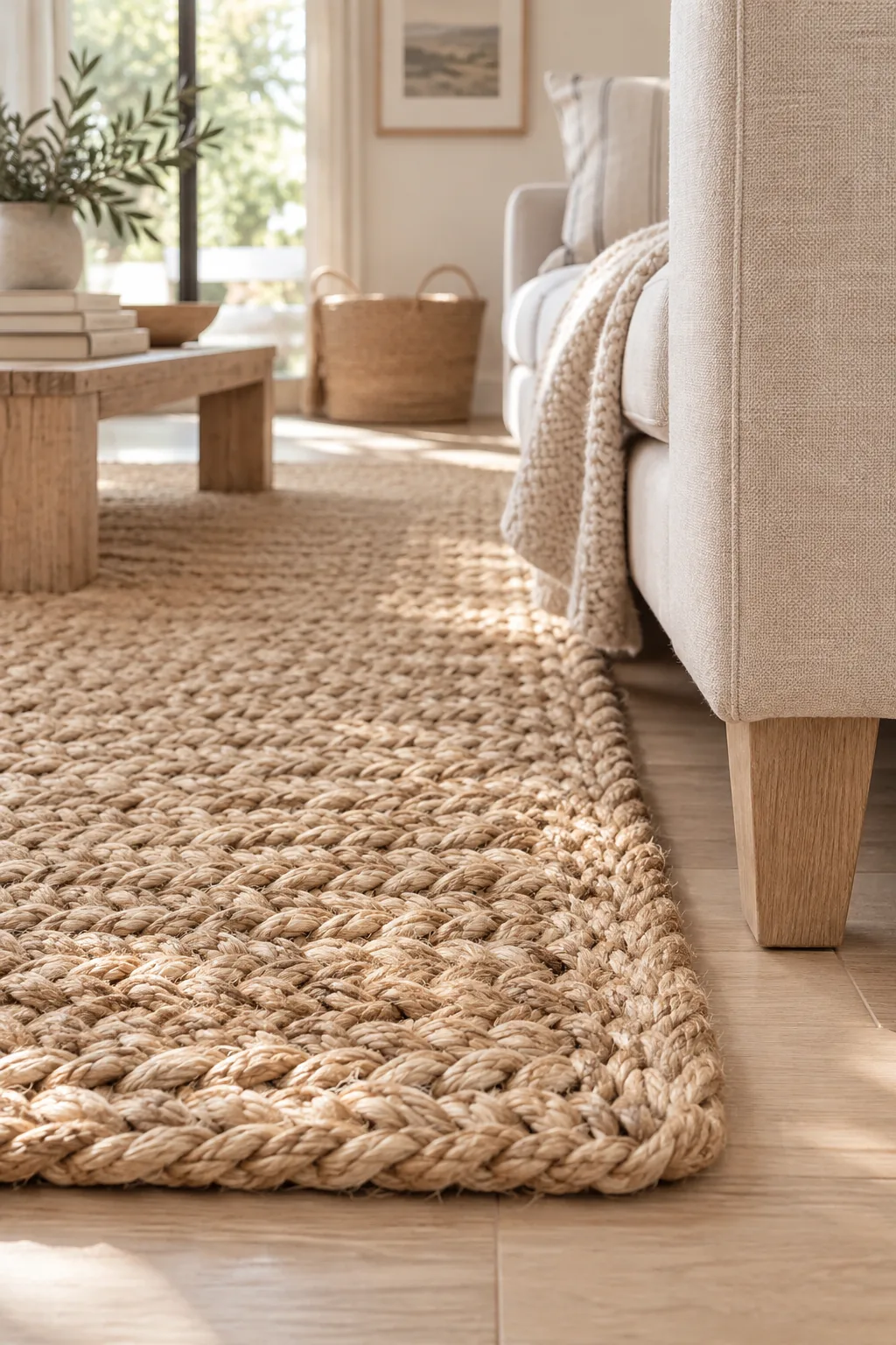 Close up of a chunky braided jute rug under a living room coffee table
