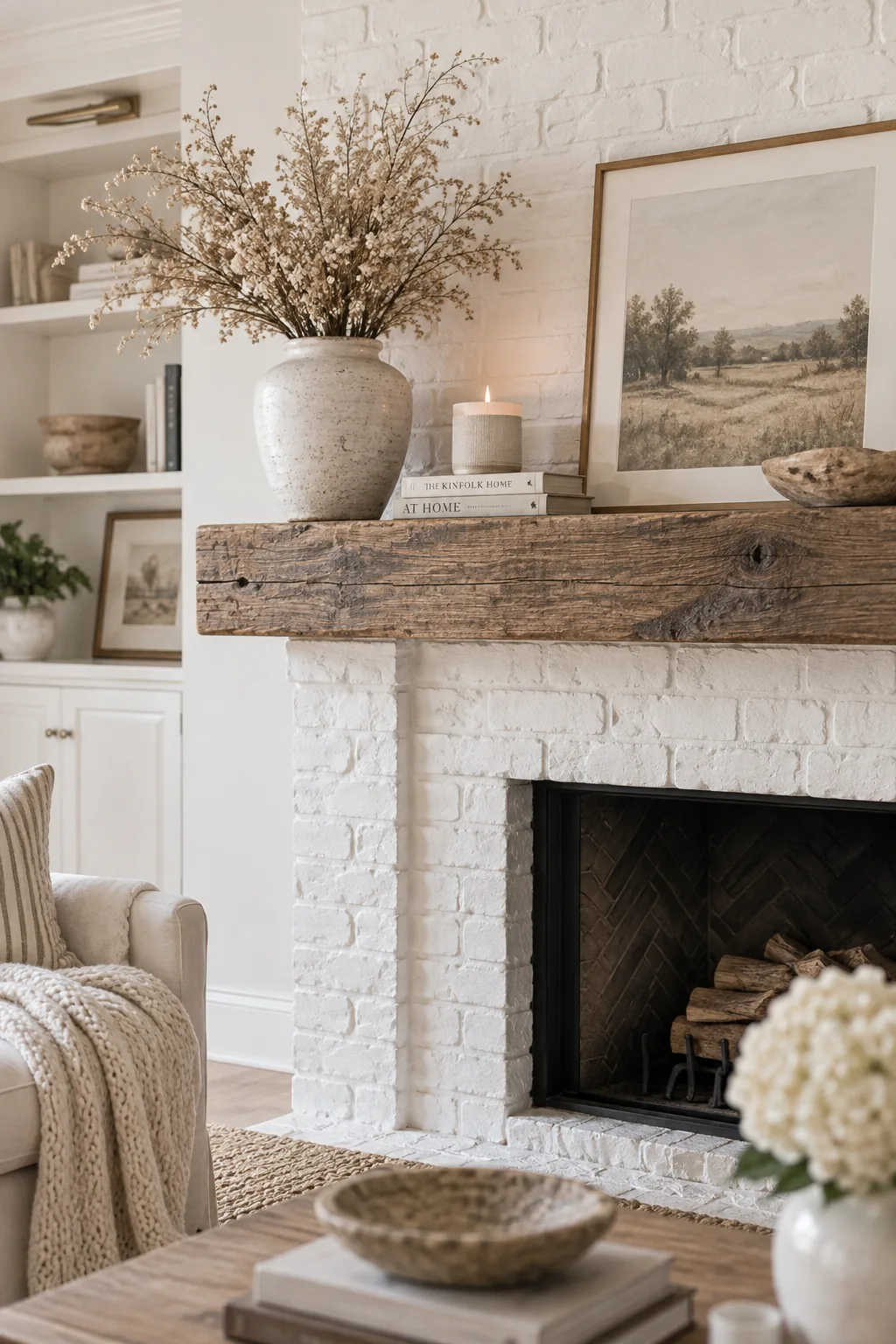 White painted brick fireplace featuring a chunky reclaimed wood mantel