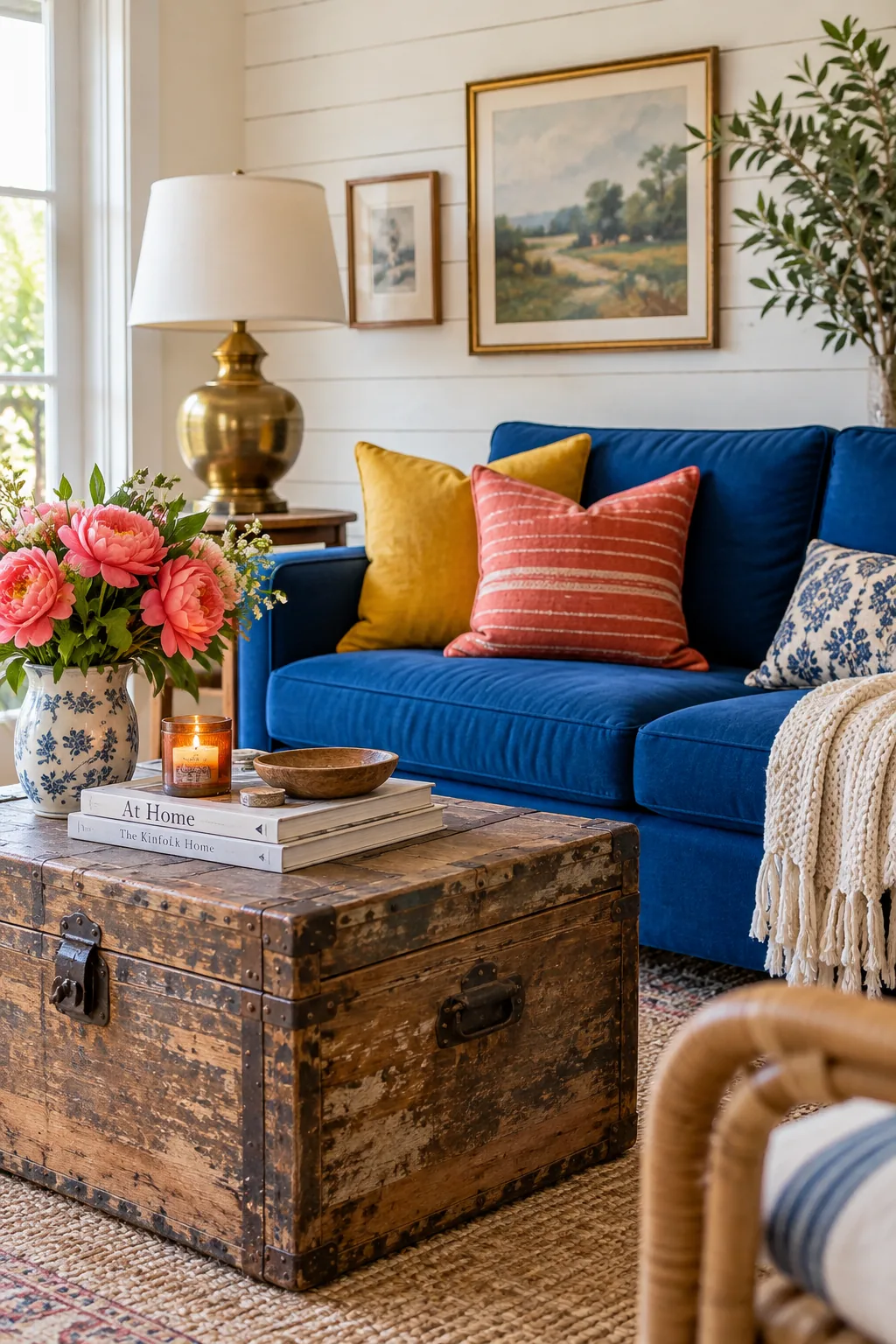 Modern track-arm sofa paired with an antique distressed wooden trunk