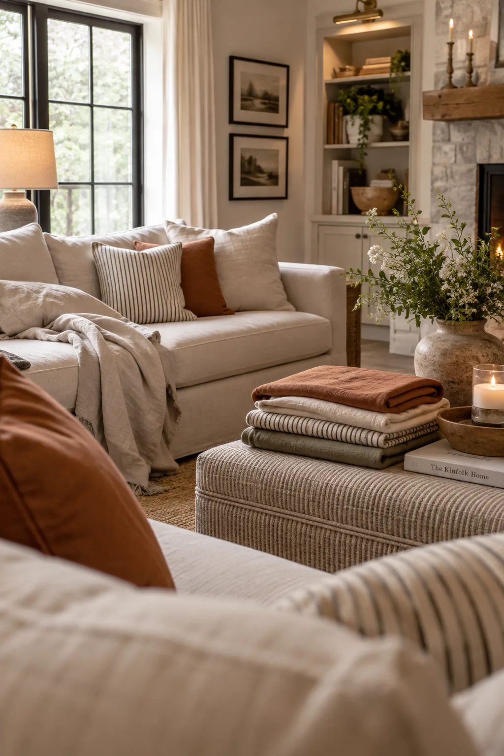 Sofa styled with washed linen and striped grain sack throw pillows