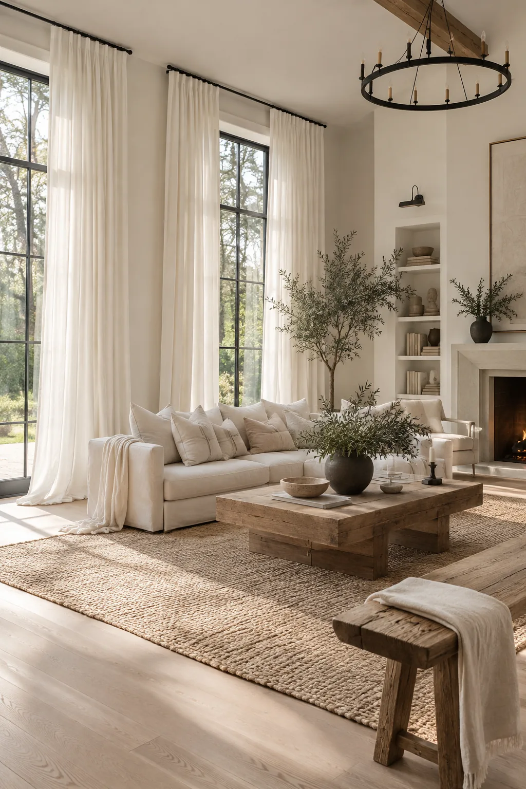 Floor-to-ceiling linen curtains hanging from matte black rods