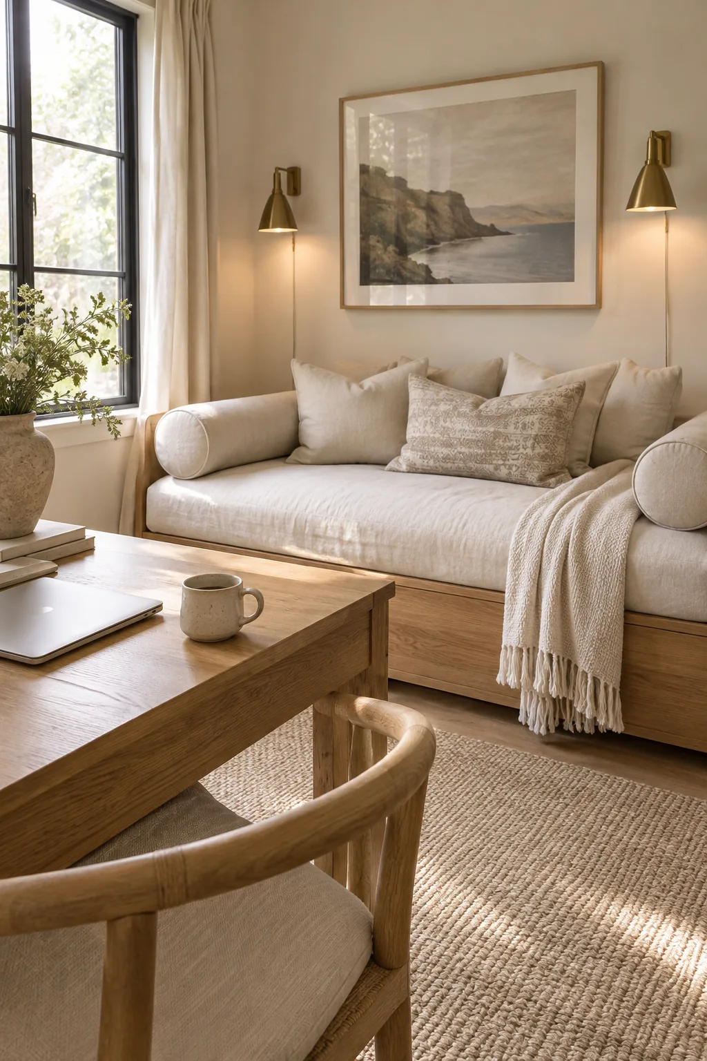 A modern daybed with bolsters next to a sleek desk in a home office