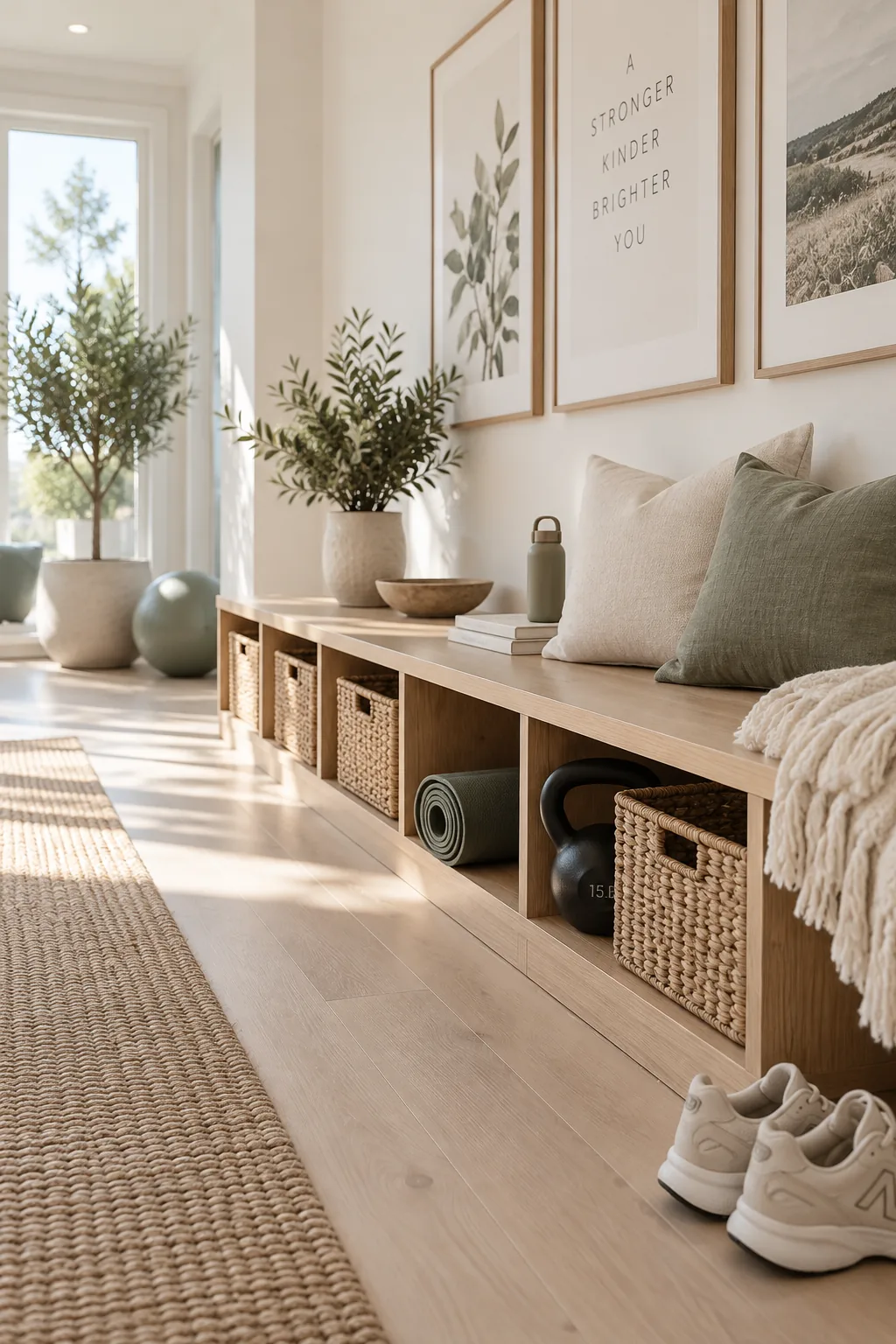 Long wooden storage bench running along a wall under a window