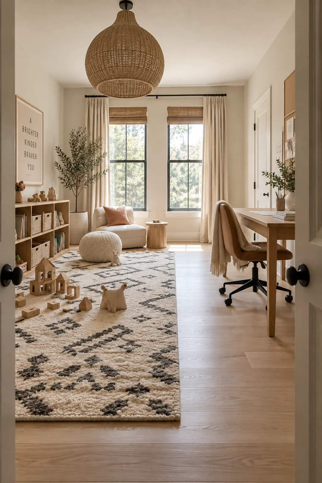 A home office sharing space with a playroom, separated by a patterned rug