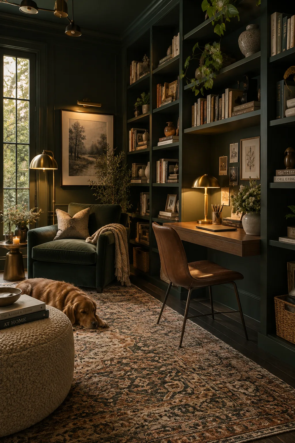 Dark painted room with ceiling-high bookshelves and an integrated floating desk