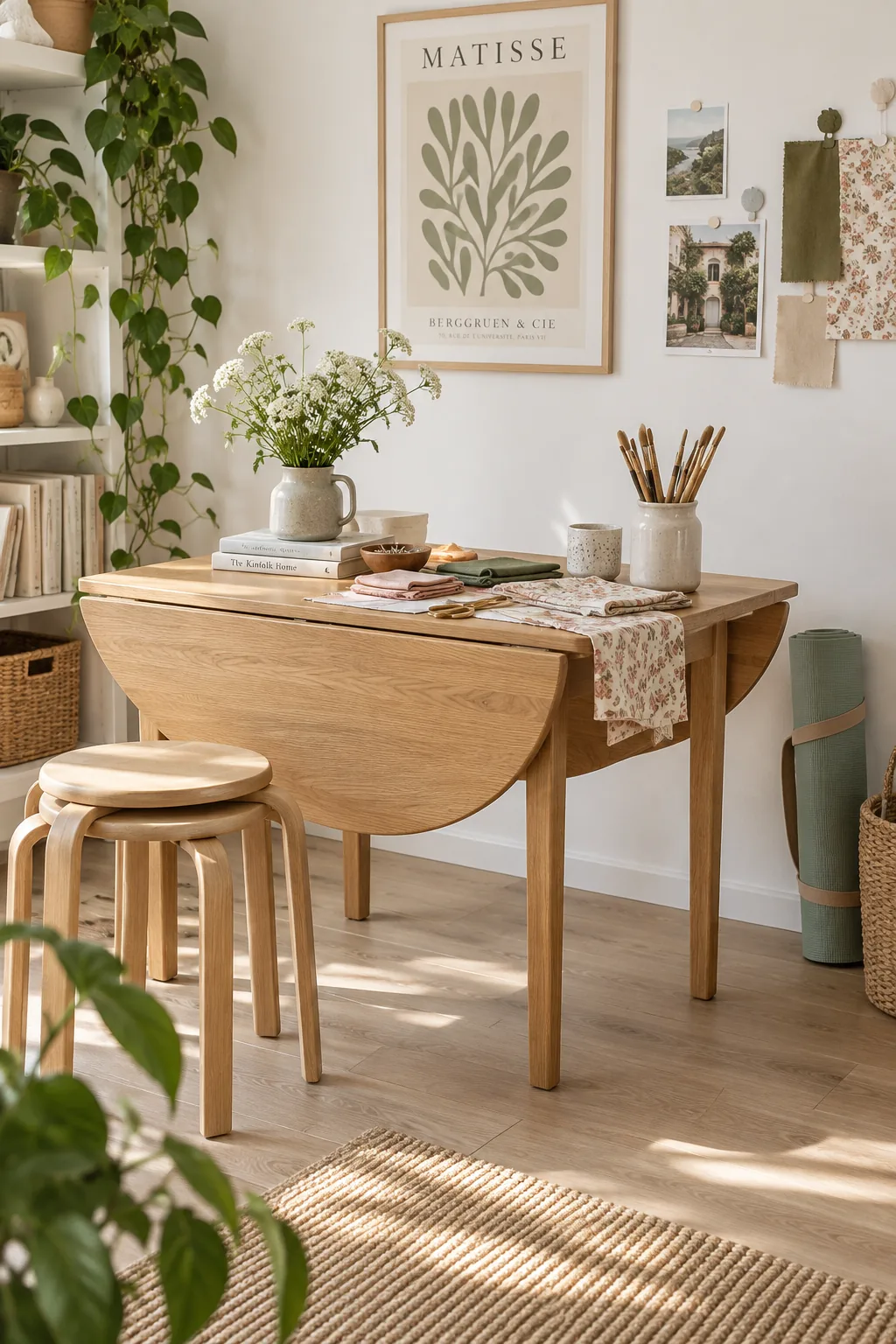 A wooden drop-leaf table folded down against a wall with stackable stools