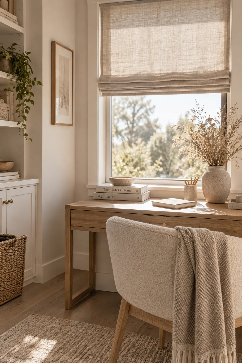 Linen Roman shades mounted inside a window frame above a desk