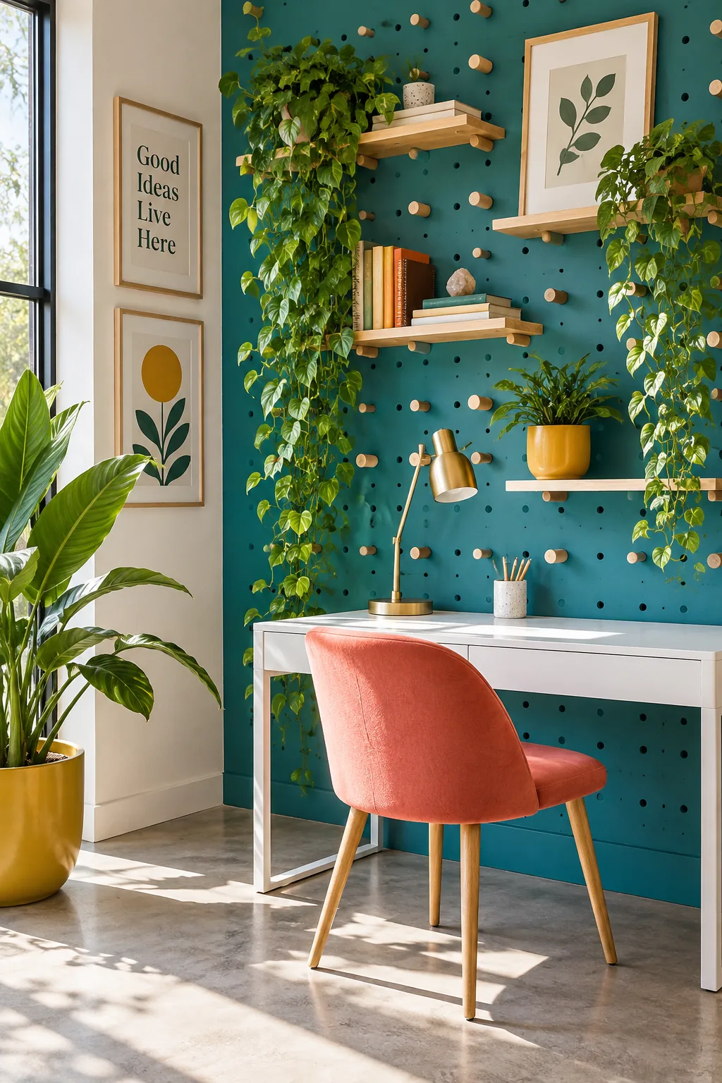 A large wooden pegboard wall with adjustable shelves and hooks
