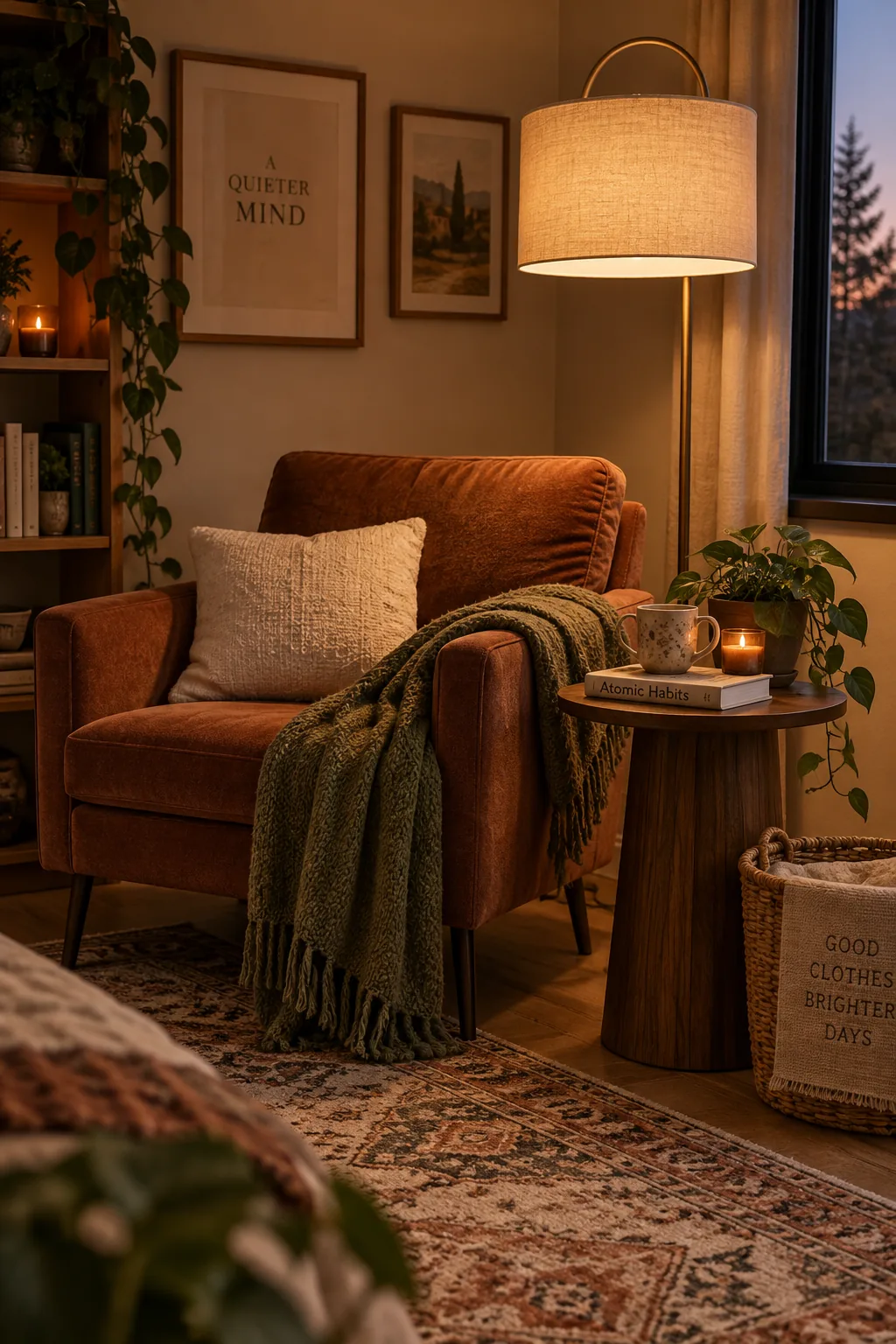 A modern dimmable floor lamp next to a reading chair