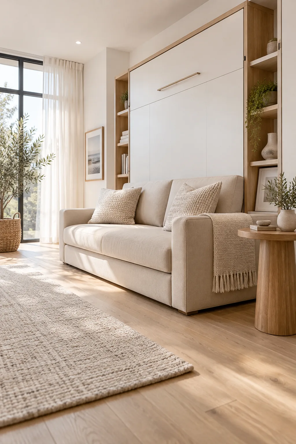 A modern Murphy bed folded up with a small sofa attached to the front