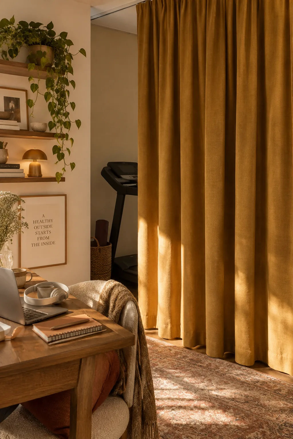 A heavy canvas curtain on a ceiling track dividing a room