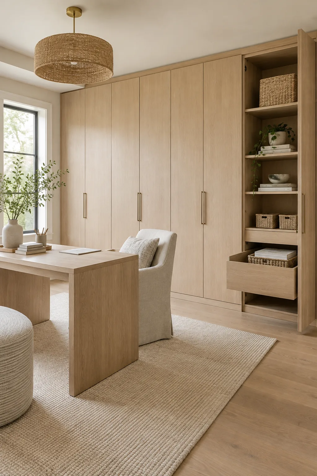 A wall of sleek flat-panel cabinets in a minimalist room