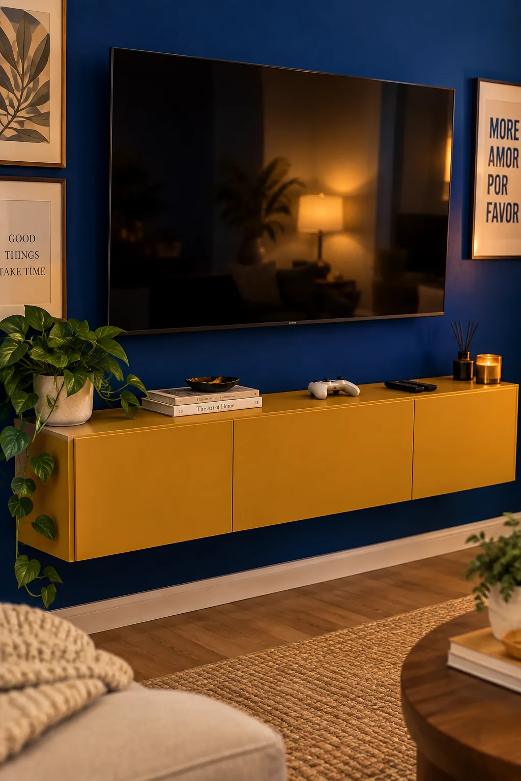 A flat-screen television displaying art above a floating wooden credenza
