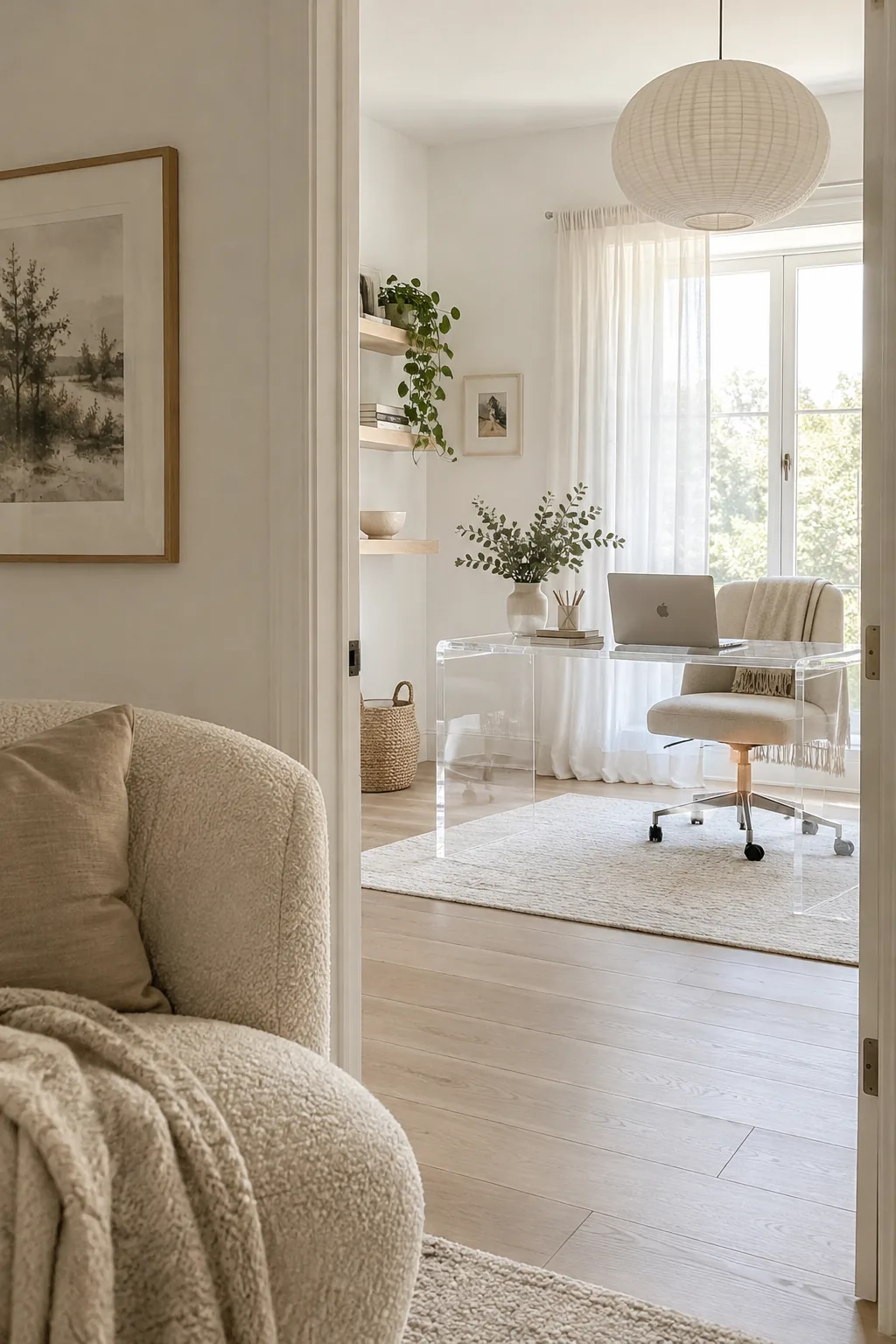 A clear acrylic desk paired with a textured bouclé chair