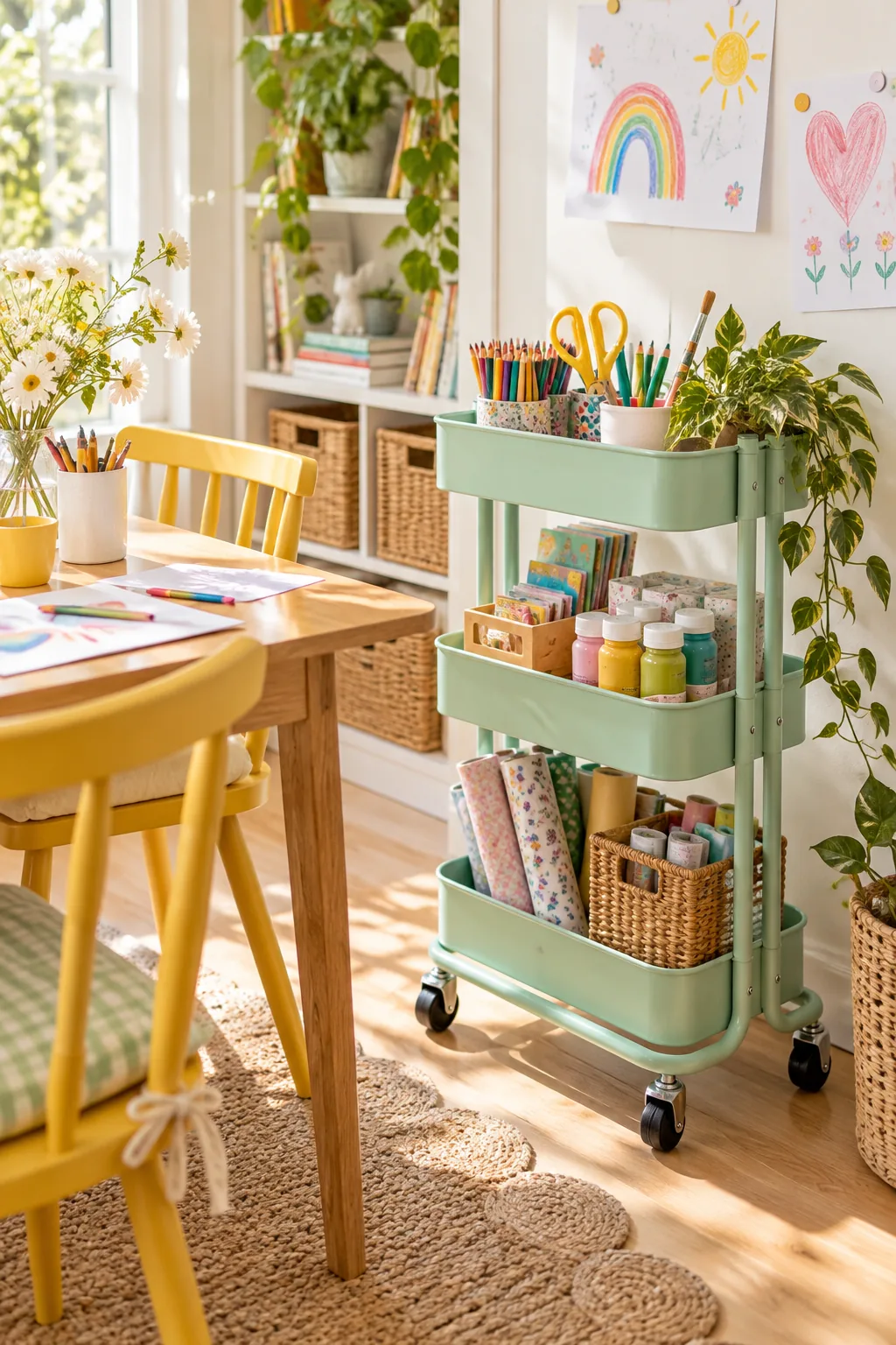 A three-tier rolling metal utility cart filled with art supplies