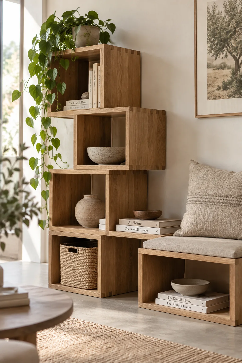 Modular wooden shelving blocks arranged as a low console