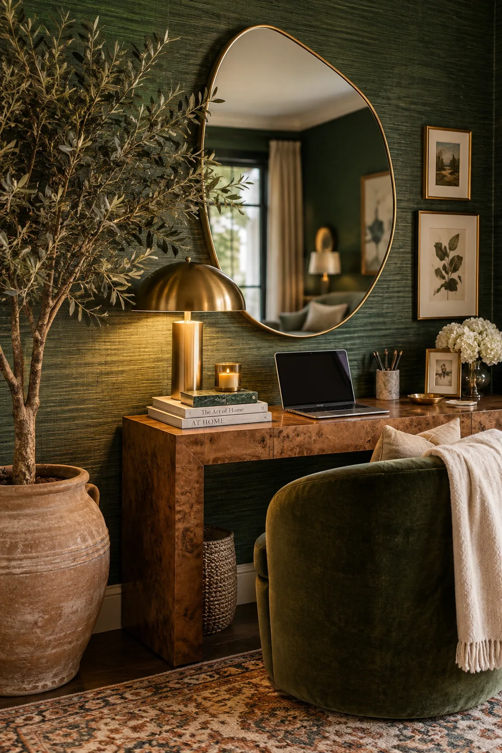 A room with textured grasscloth wallpaper, an asymmetrical mirror, and an olive tree