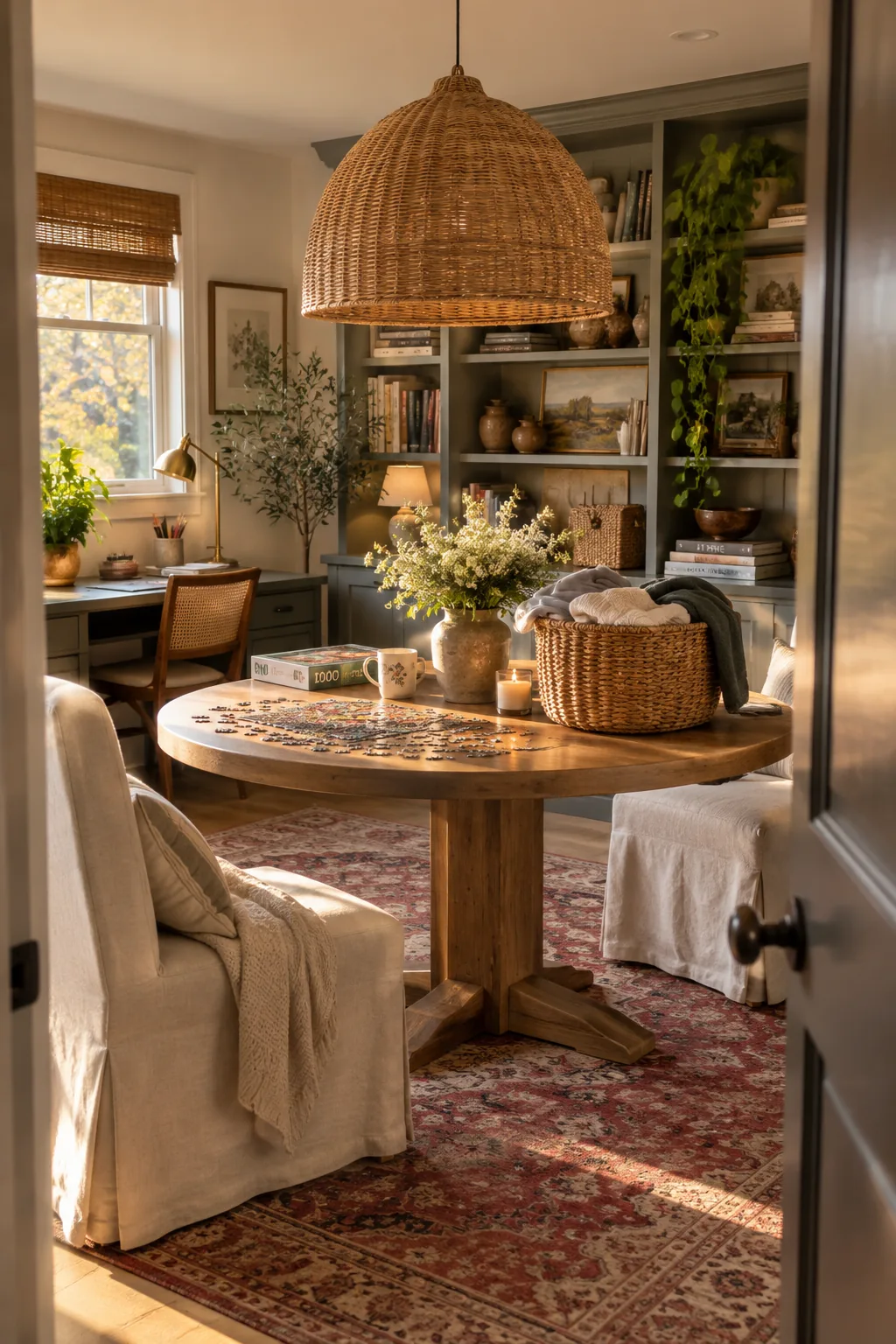 A small round table in the center of a room under a pendant light