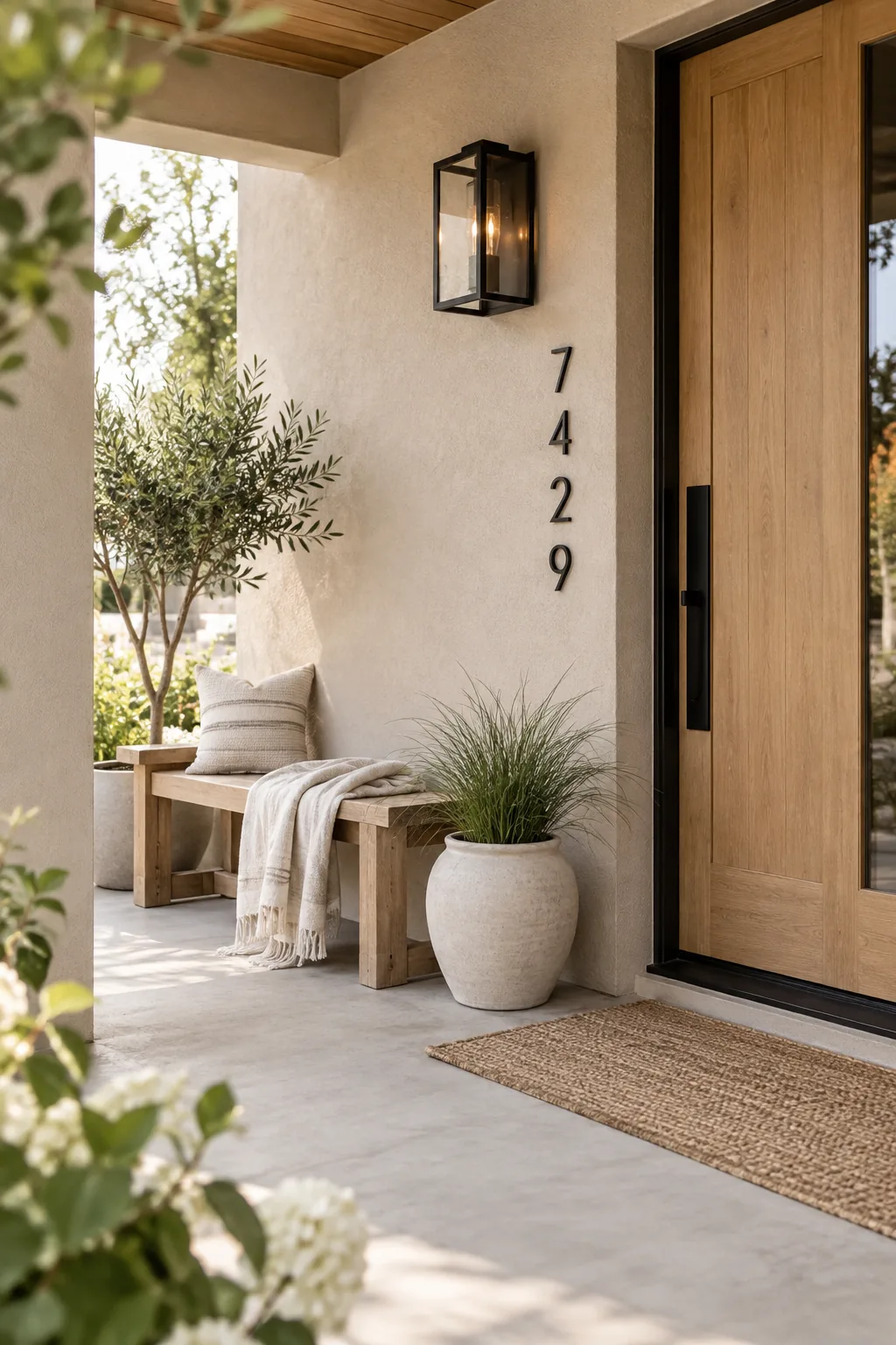 Modern black floating house numbers installed horizontally on white painted brick.