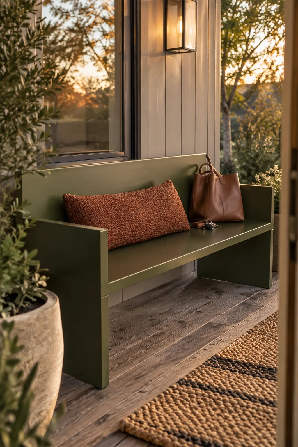 A sleek black powder-coated steel bench on a concrete front porch.