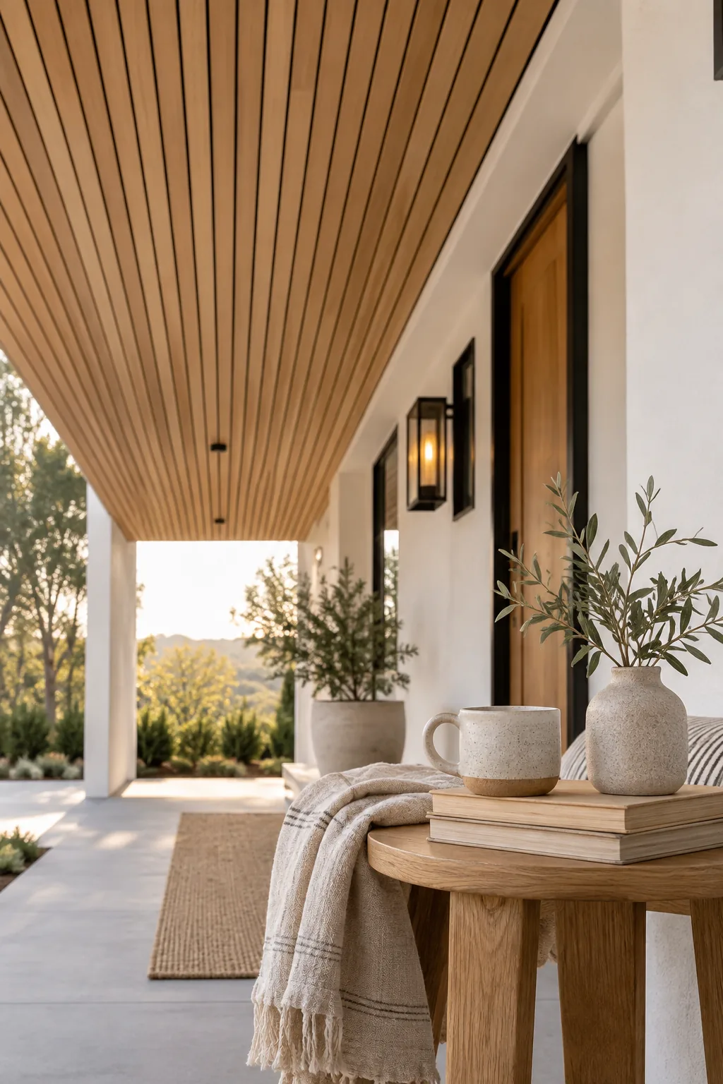 Looking up at a modern porch overhang featuring a warm slatted wood ceiling.