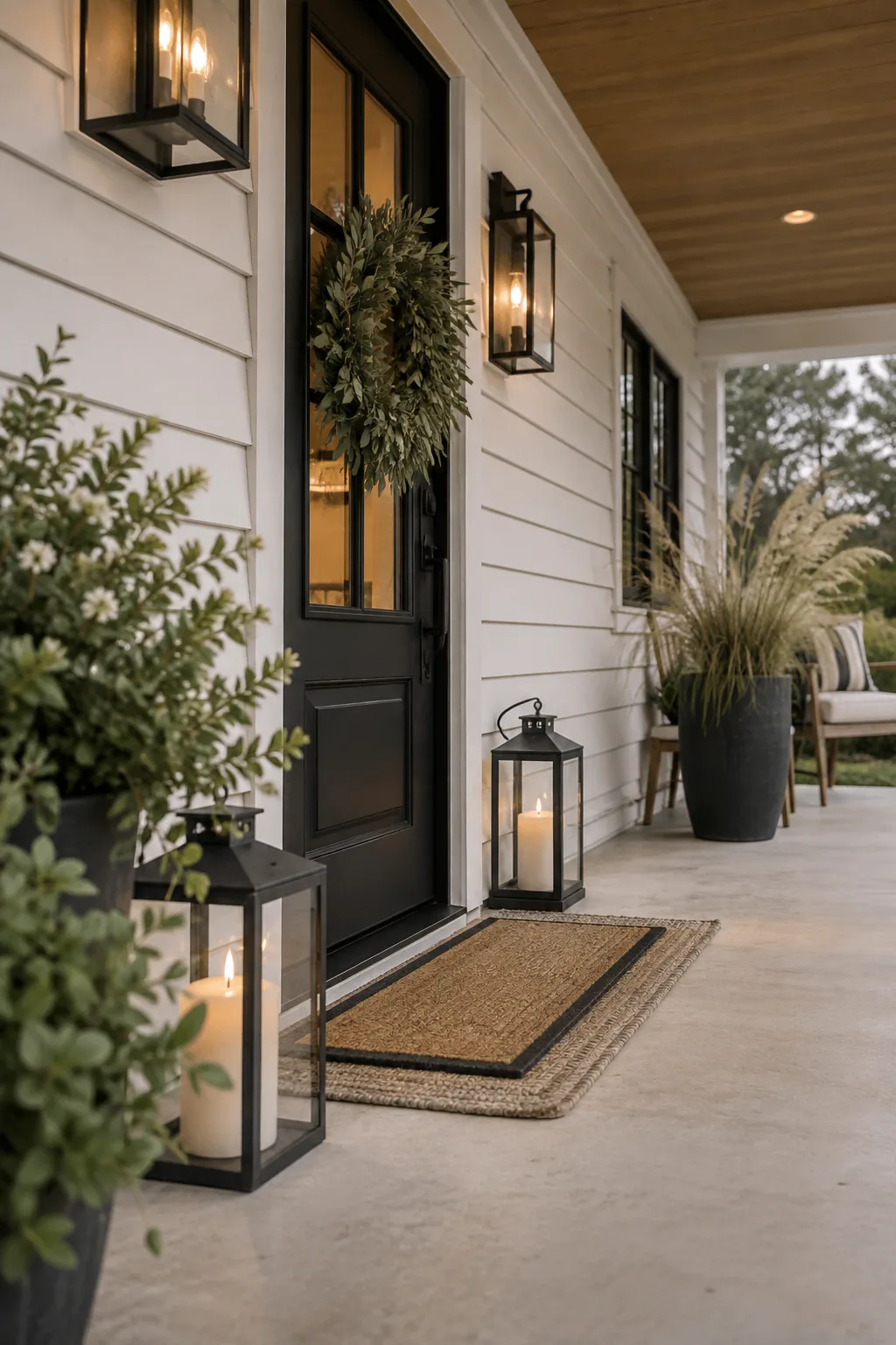 A matte black front door contrasting sharply with bright white exterior siding.