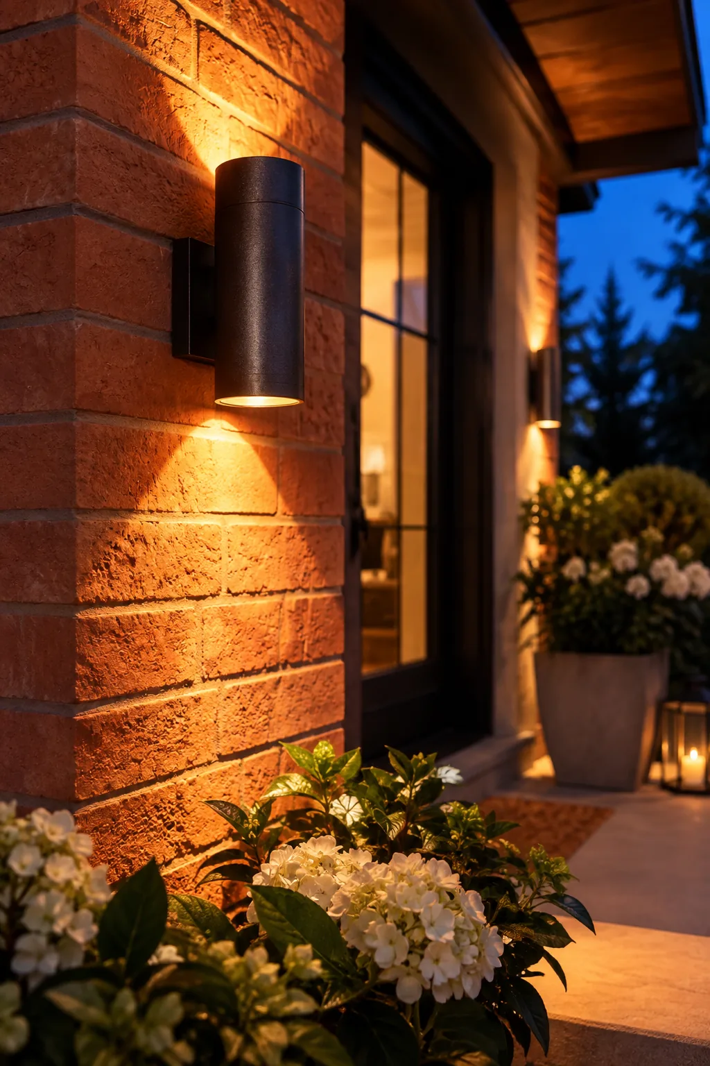Black cylindrical up-and-down wall sconce lighting up a modern porch.