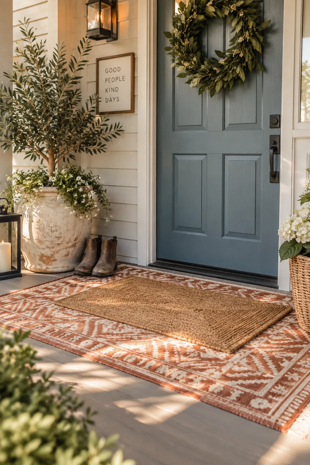 A wide black and white geometric rug layered under a simple coir welcome mat.