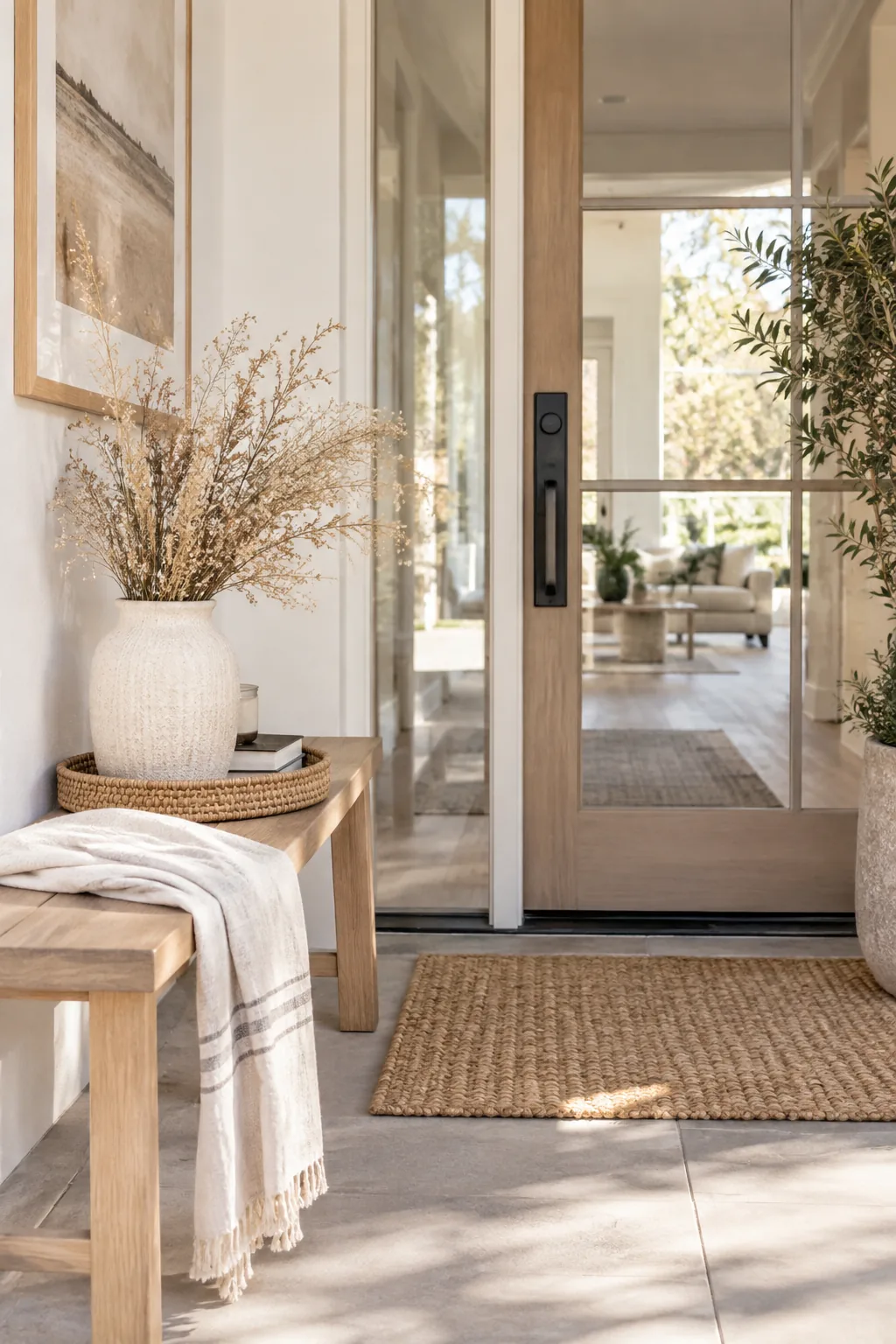 A modern front door featuring a large single frosted glass panel.