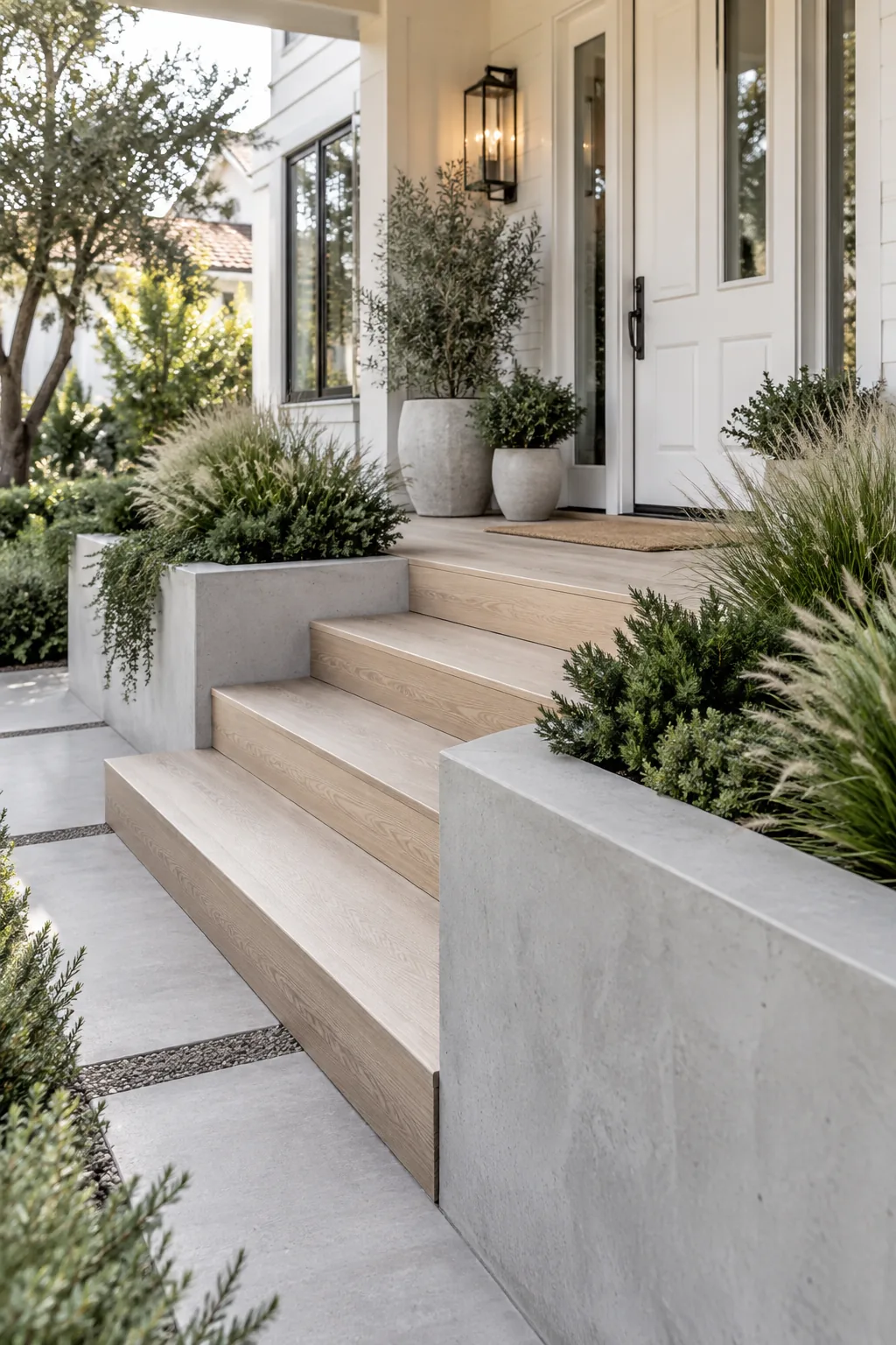 Smooth concrete steps framed by built-in concrete planters filled with green shrubs.